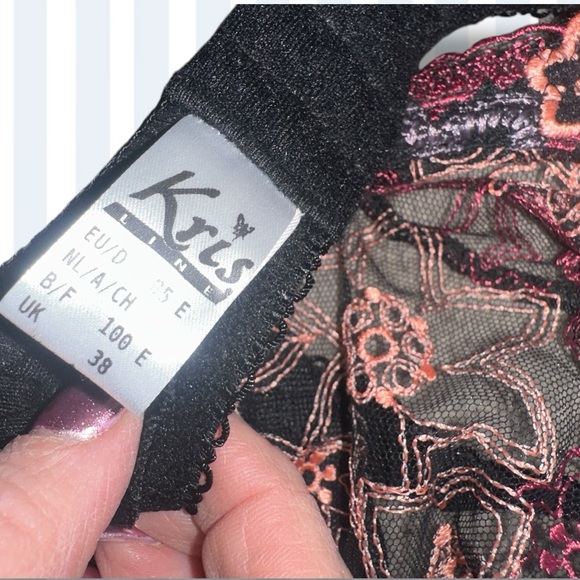 NWT SZ 38F / 85E EU UW Kris Line BEAUTY FLOWER Bra Black and Pink Lace - Picture 2 of 7